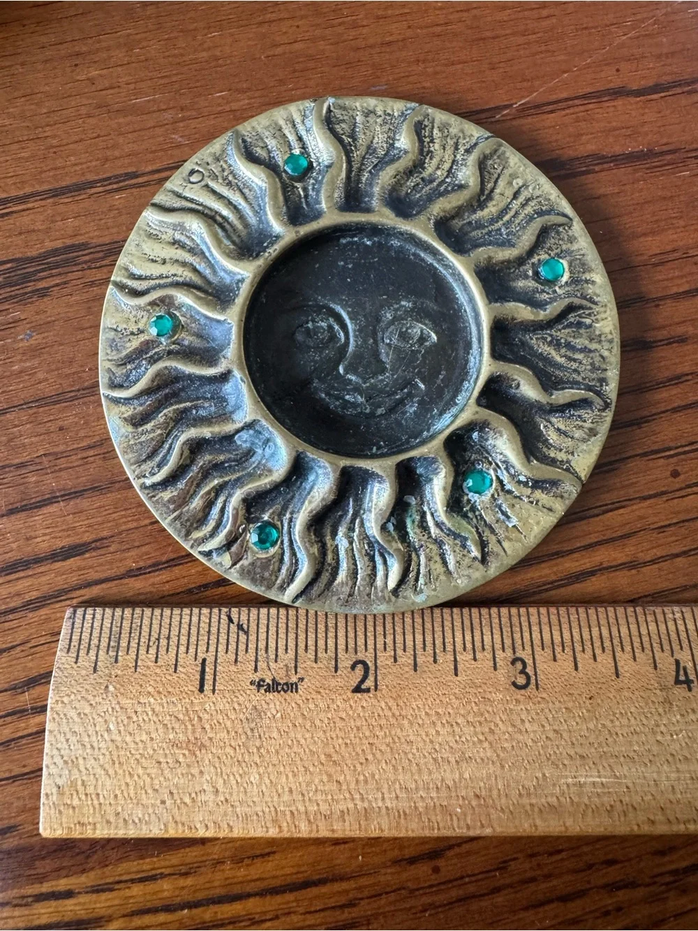 Vintage Brass Smiling Sun Tealight Candle Holder Green Rhinestones Celestial